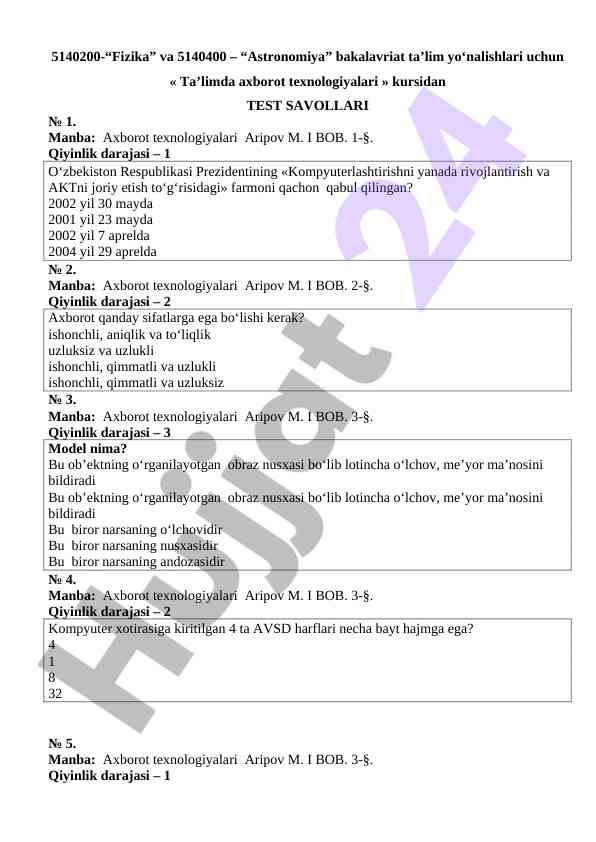 O‘zbekiston ta’limida axborot texnologiyalari testlari