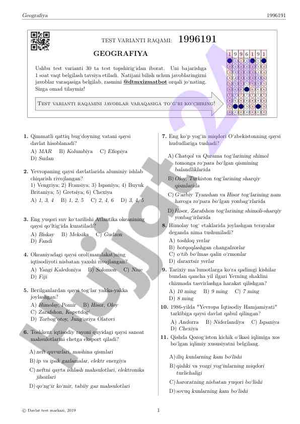 Geografiya test variantini oling