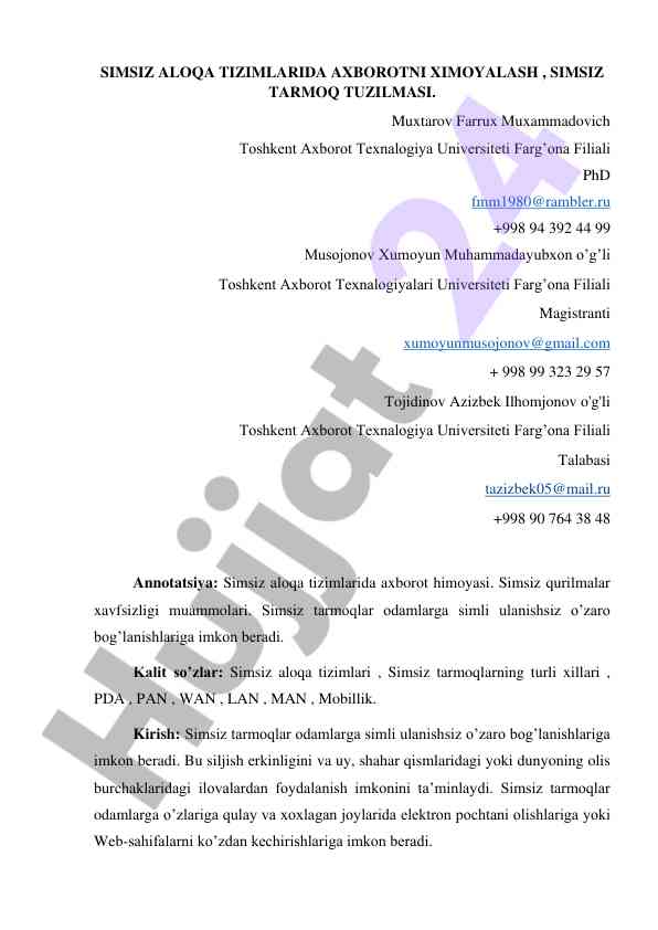 Simsiz aloqa tizimlarida axborotni ximoyalash