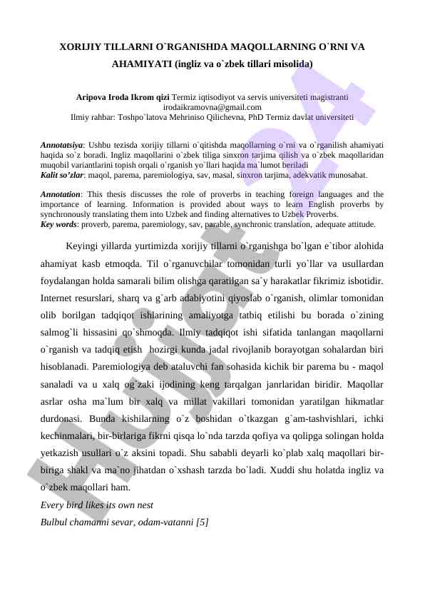 Xorijy tillarni o'rganishda maqollarning o'rni