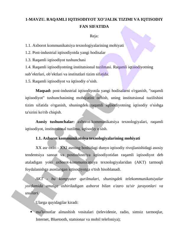 Raqamli Iqtisodiyot Tushunchasi Va Mohiyati