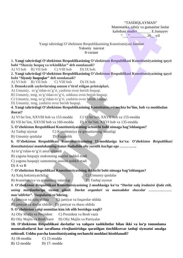 O‘zbekiston respublikasi konstitutsiyasi bo‘yicha test