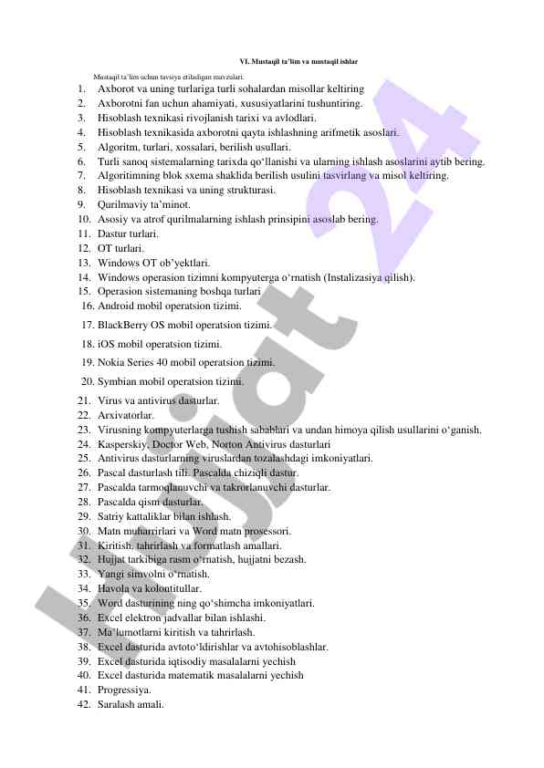 Mustaqil ta’lim mavzulari va hisoblash texnikasi
