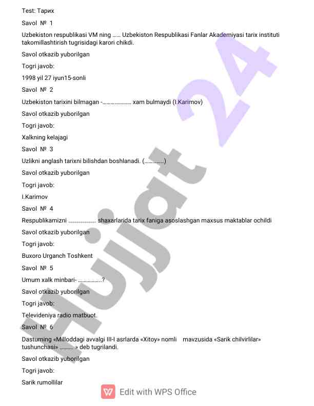 Tarix fanidan savollar bilan test javoblari