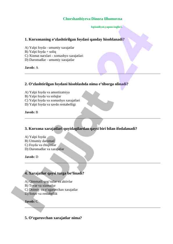 Korxona foydasi va xarajatlar testlar