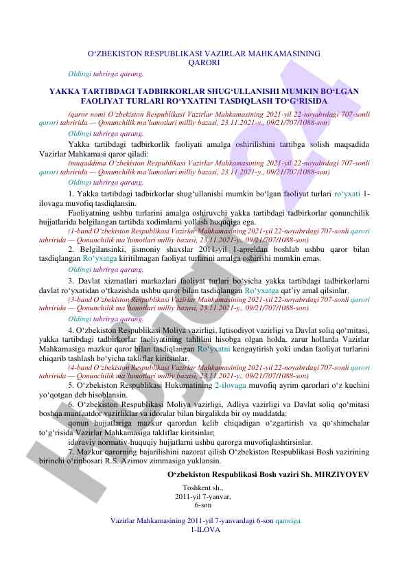 Yakka tartibdagi tadbirkorlar faoliyat turlari ro‘yxati