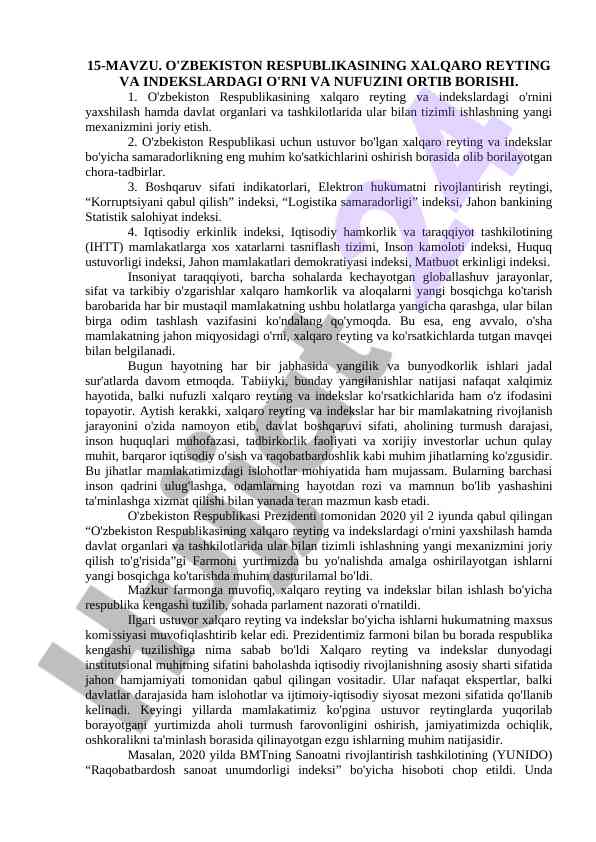 O'zbekiston respublikasi xalqaro reytinglardagi o'rni