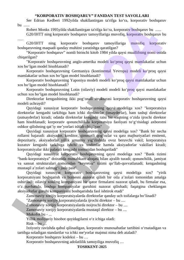 Korporativ boshqaruv fanidan test savollari