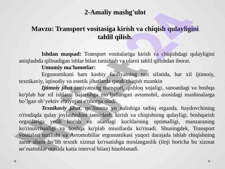Transport vositalariga kirish va chiqish qulayligi tahlili