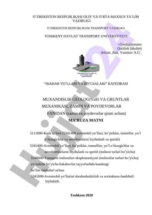 Shahar yo’llari va ko’chalar fanidan ma’ruza matni