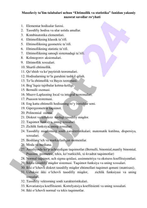 Ehtimollik va statistika fanidan yakuniy nazorat savollar