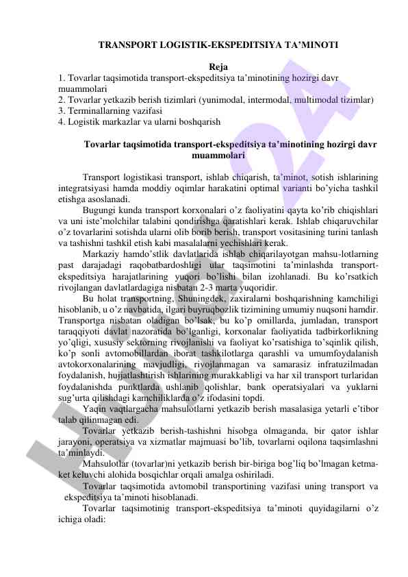 Transport logistikasi va ekspeditsiya ta’minoti