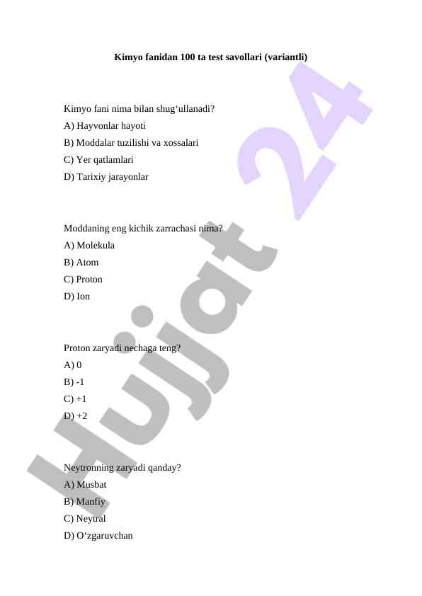 Kimyo fanidan 100 ta test savollari                    test kimyo fanian 