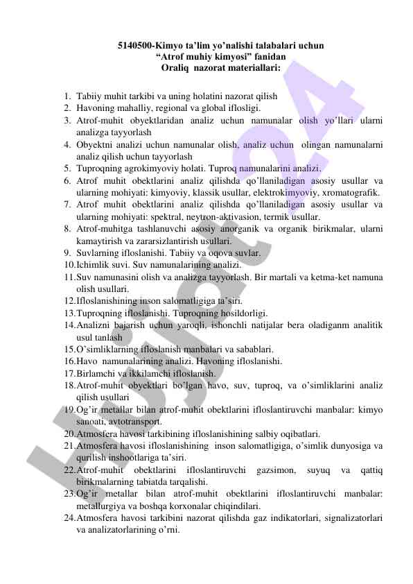 Atrof muhit kimyosi fanidan oraliq nazorat materiallari
