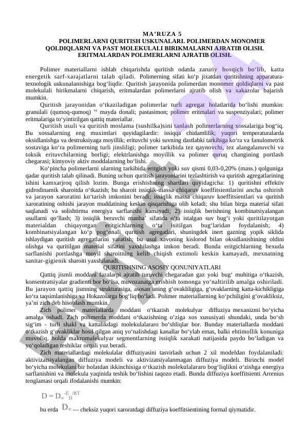 Polimerlarni quritish usullari va uskunalari