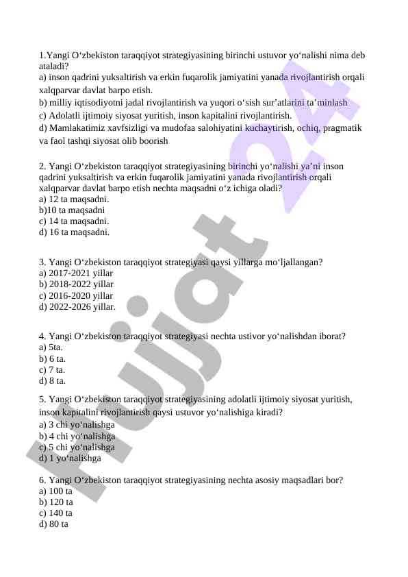Yangi o'zbekiston taraqqiyot strategiyasi savollari