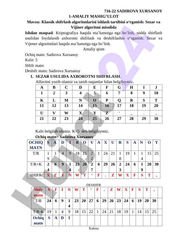 Klassik shifrlash algoritmlari: sezar va vijiner