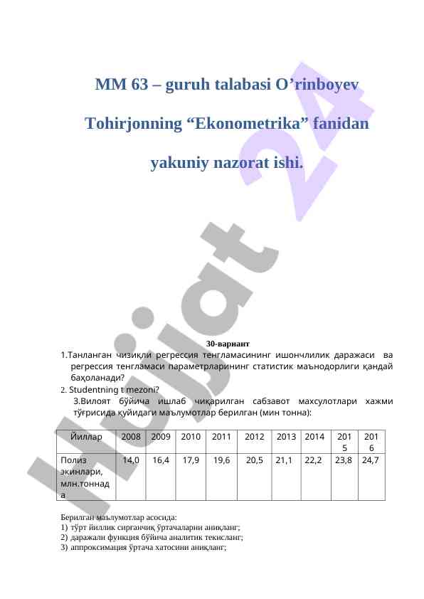 Ekonometrika fanidan yakuniy nazorat ishlari