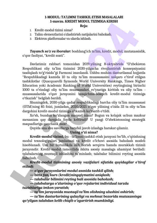 Kredit modul tizimiga kirish va ta'lim masalalari