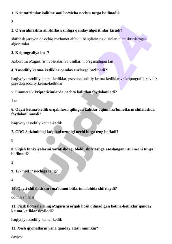 Kriptografiya va algoritmlar turlari bo'yicha savollar