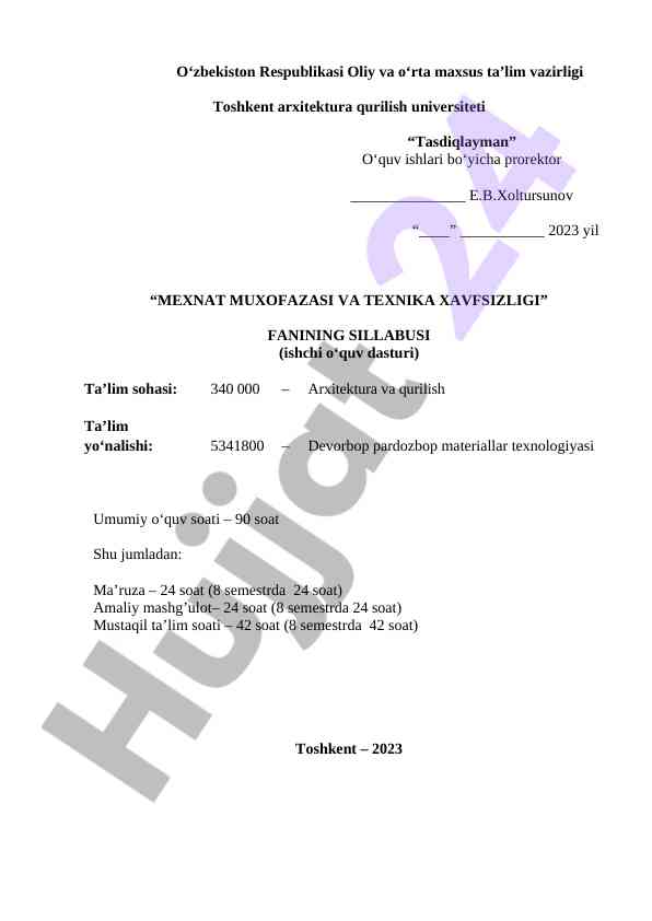 Mehnat muxofazasi va texnika xavfsizligi sillabusi