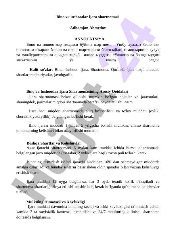 Bino va inshootlar ijara shartnomasi tushuntiruvchi huquqiy qoidalar