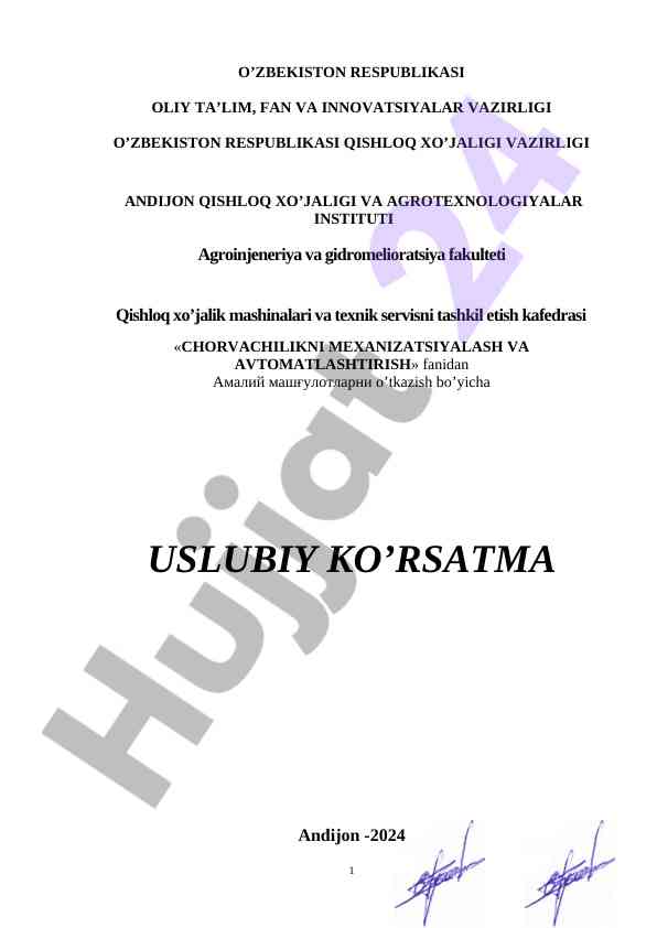 Chorvachilikni mexanizatsiyalash va avtomatlashtirish uslubiy ko‘rsatma