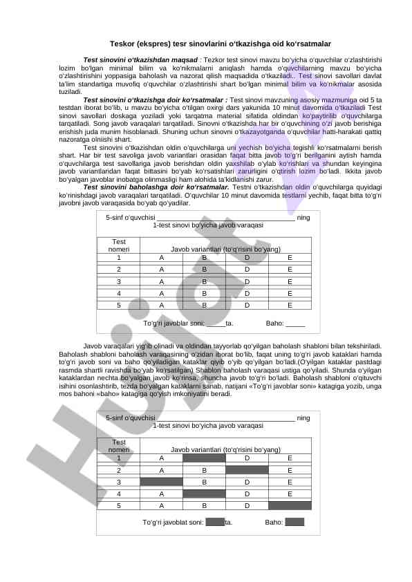 Teskor test sinovlarini o‘tkazishga oid ko‘rsatmalar