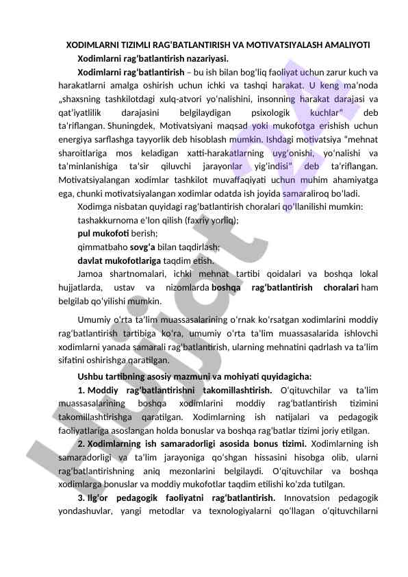 Xodimlarni rag‘batlantirish va motivatsiyalash amaliyoti
