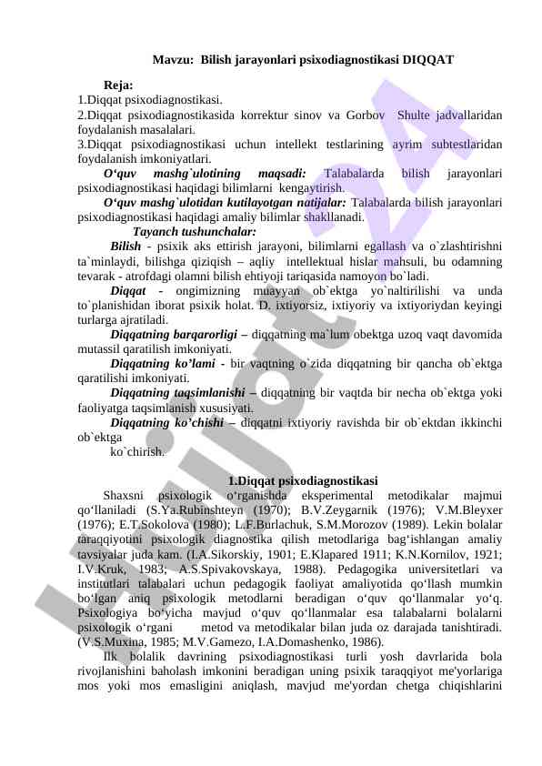 Bilish jarayonlari psixodiagnostikasi tadqiqoti