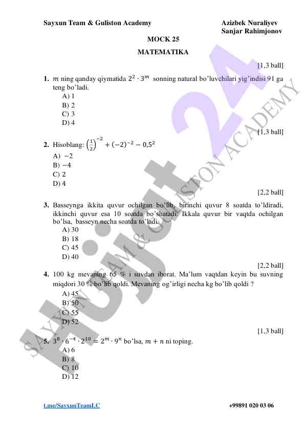 Matematik sinov savollari to‘plami