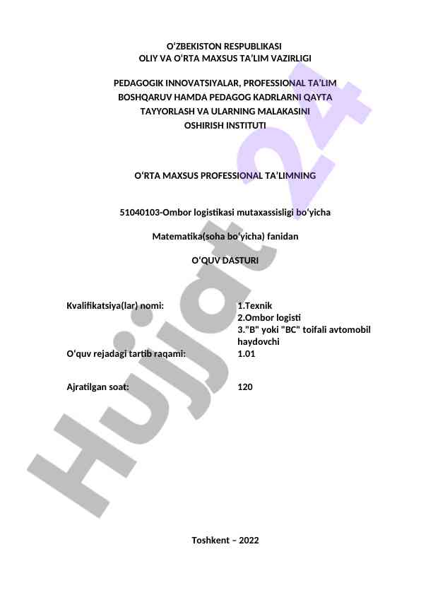 O‘rta maxsus professional ta’lim o‘quv dasturi