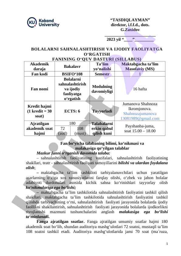 Bolalarni Sahnalashtirish Va Ijodiy Faoliyatga O‘rgatish