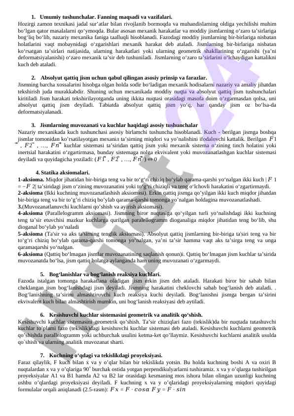 Mexanika fanining asosiy tushunchalari va vazifalari