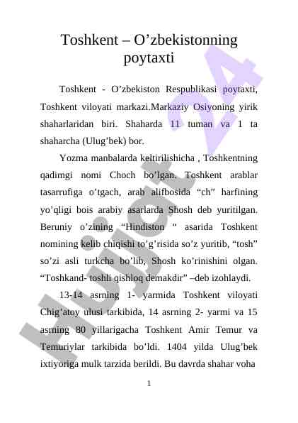 Toshkent: o’zbekiston poytaxtining tarixi va rivoji
