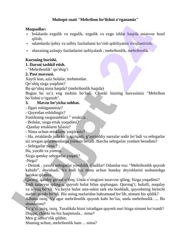 Mehribon bo'lishni o'rganamiz dars ishlanmasi