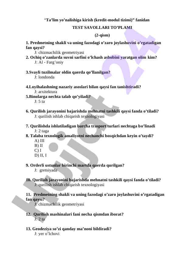 Ta'lim yo'nalishiga kirish test savollari to'plami