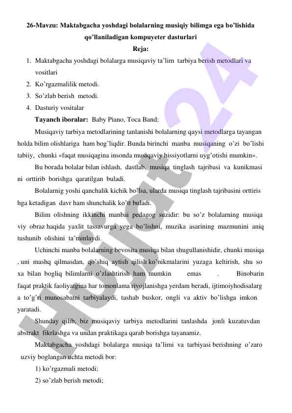 Maktabgacha yoshdagi bolalarga musiqiy ta’lim