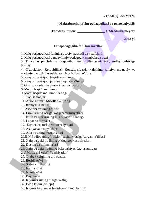 Etnopedagogika fanidan savollar taqdimoti
