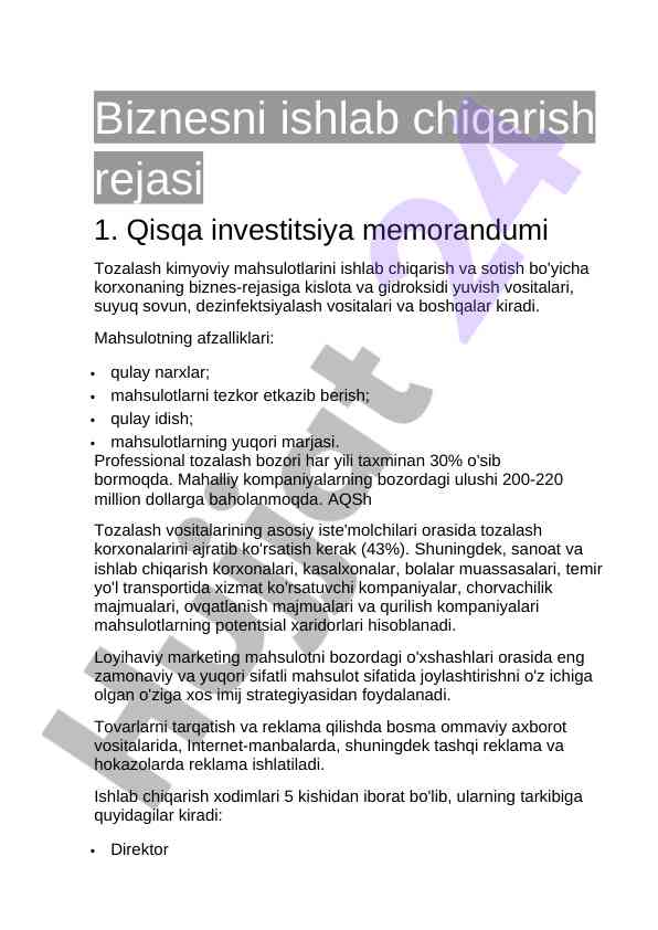 Investitsiya memorandumi tozalash kimyoviy mahsulotlari