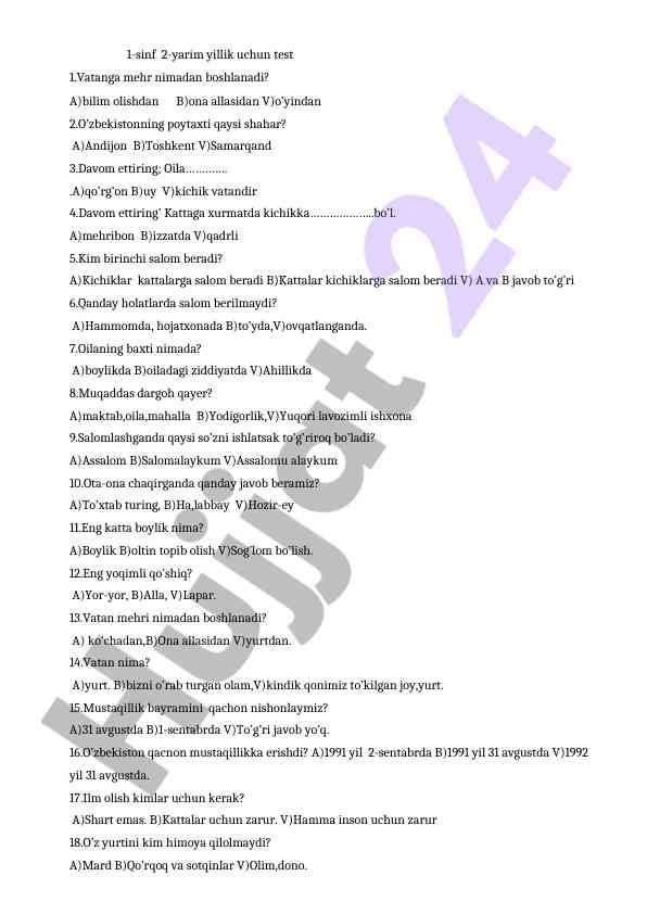1-sinf 2-yarim yillik uchun test