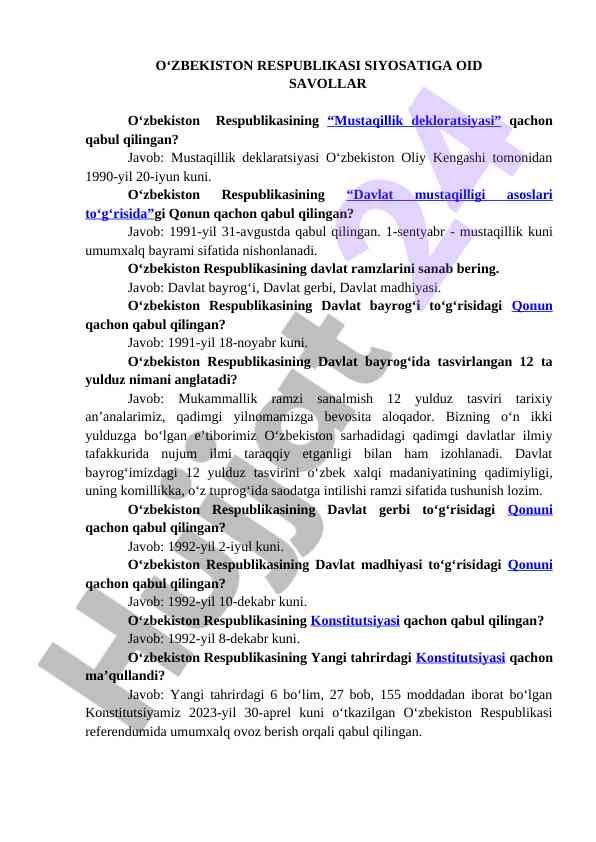 Oʻzbekiston respublikasi siyosati haqida savollar