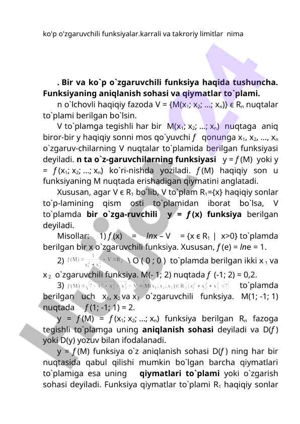 Ko'p o'zgaruvchili funksiyalar va limitlar tushunchasi
