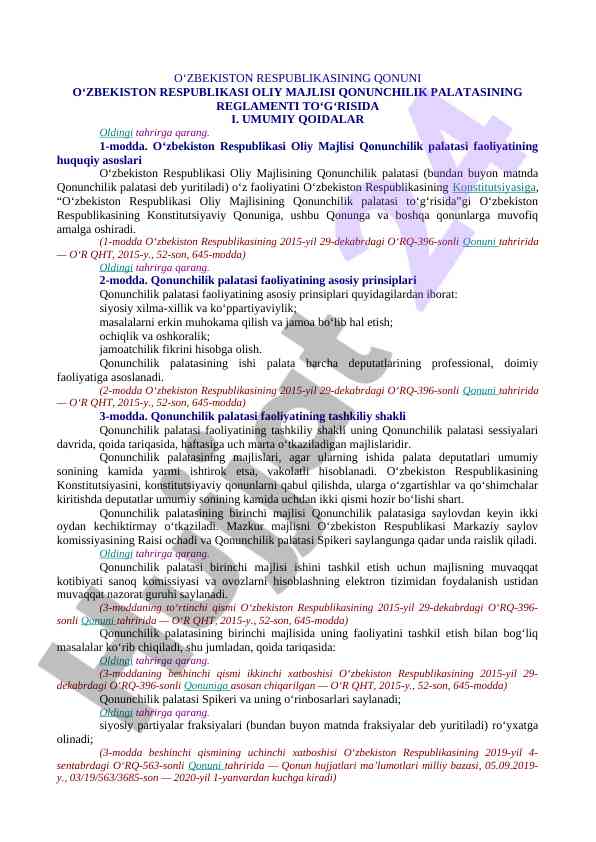 O‘zbekiston respublikasi oliy majlisi qonunchilik palatasi