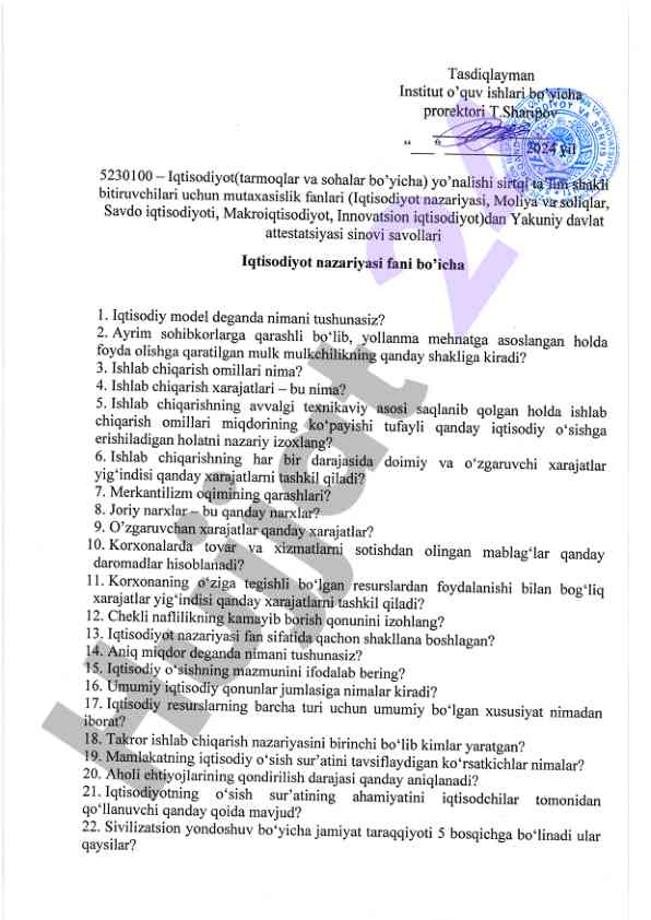 Iqtisodiyot yo'nalishi bitiruvchilar uchun test savollari