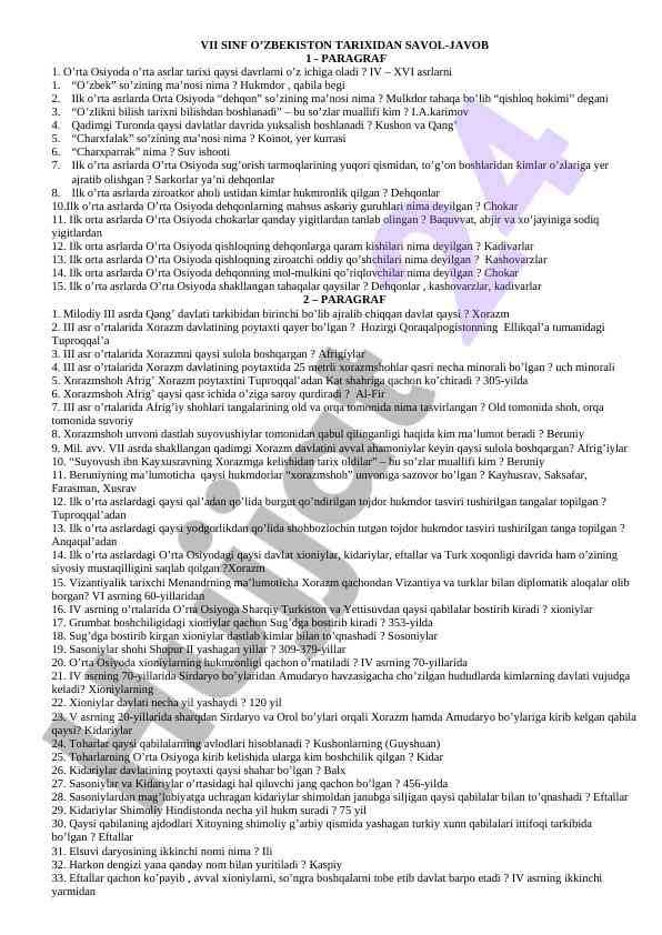 VII SINFDAGI O'ZBEK TARIXIDAN SAVOL-JAVOB