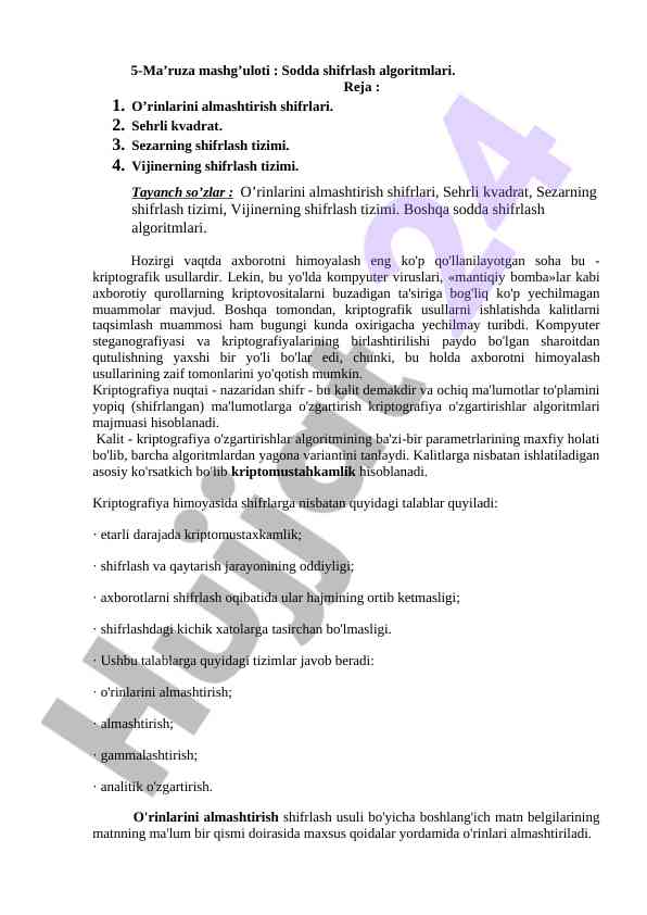 Sodda shifrlash algoritmlari va ularning tizimlari