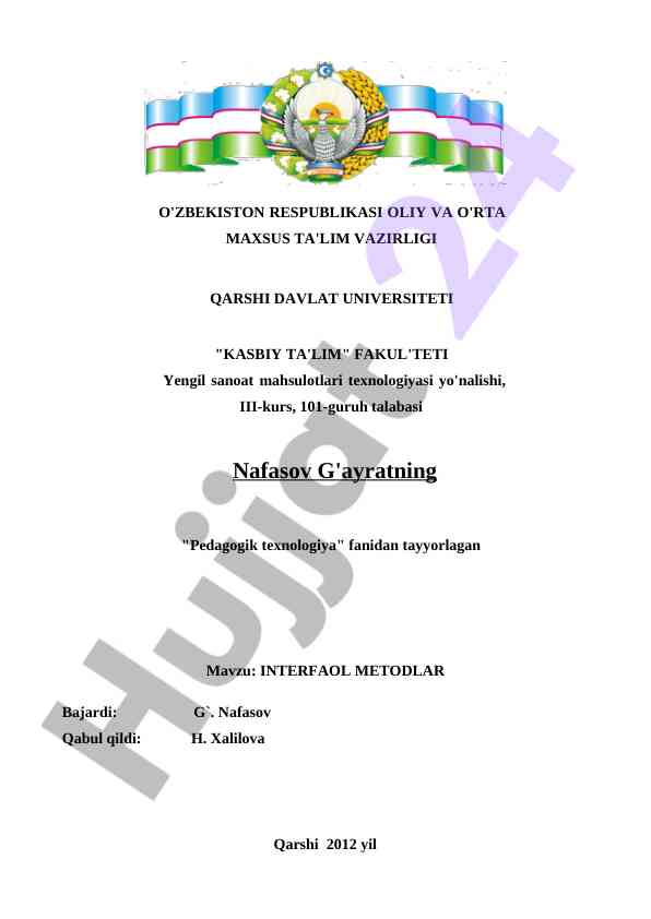 Interfaol metodlar mavzusida kurs ishining mavzusi