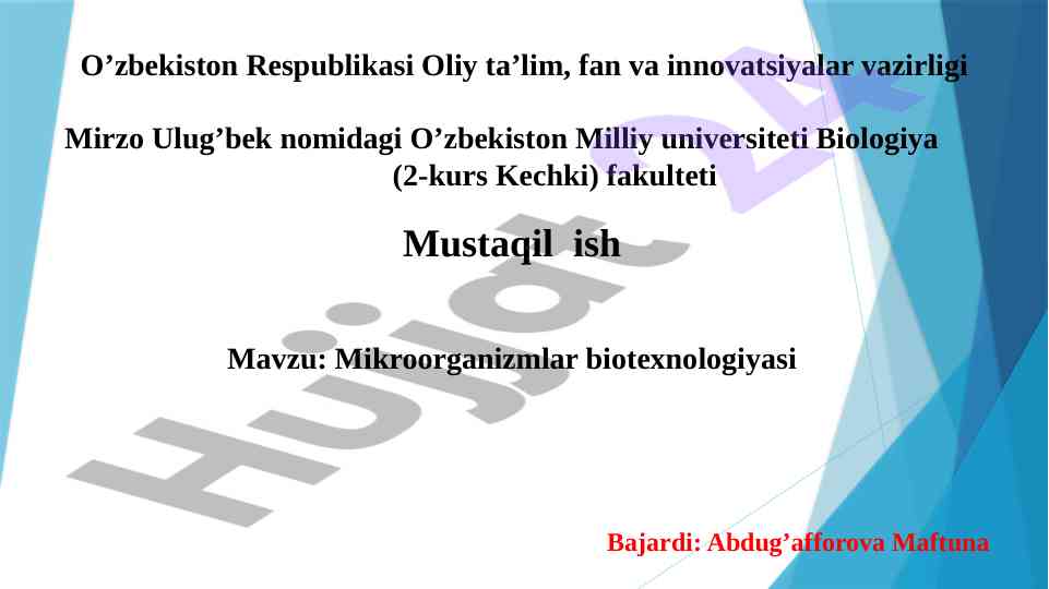 Mikroorganizmlar biotexnologiyasi mavzusi