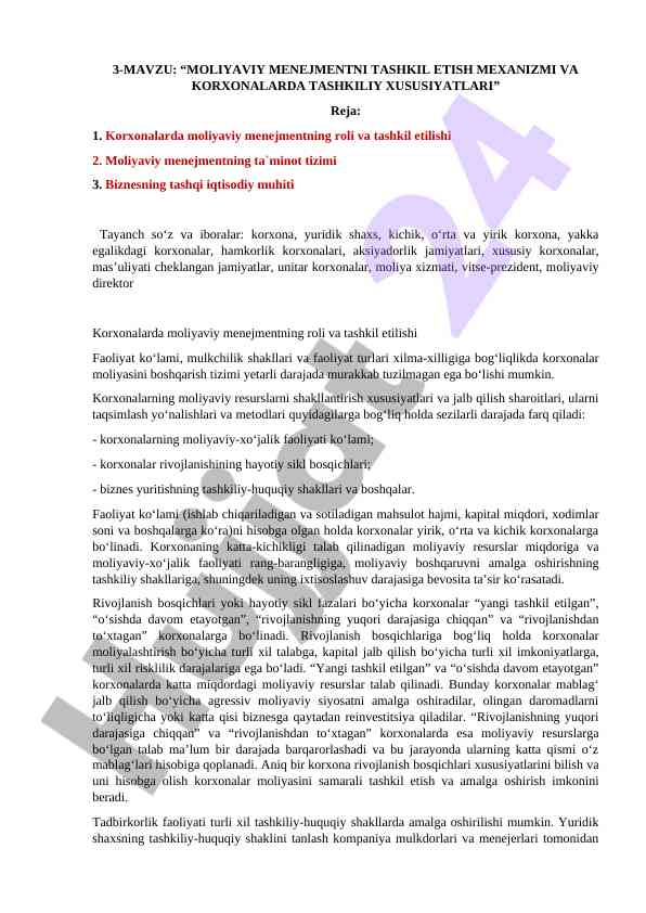 Moliya menejmentini tashkil etish mexanizmi